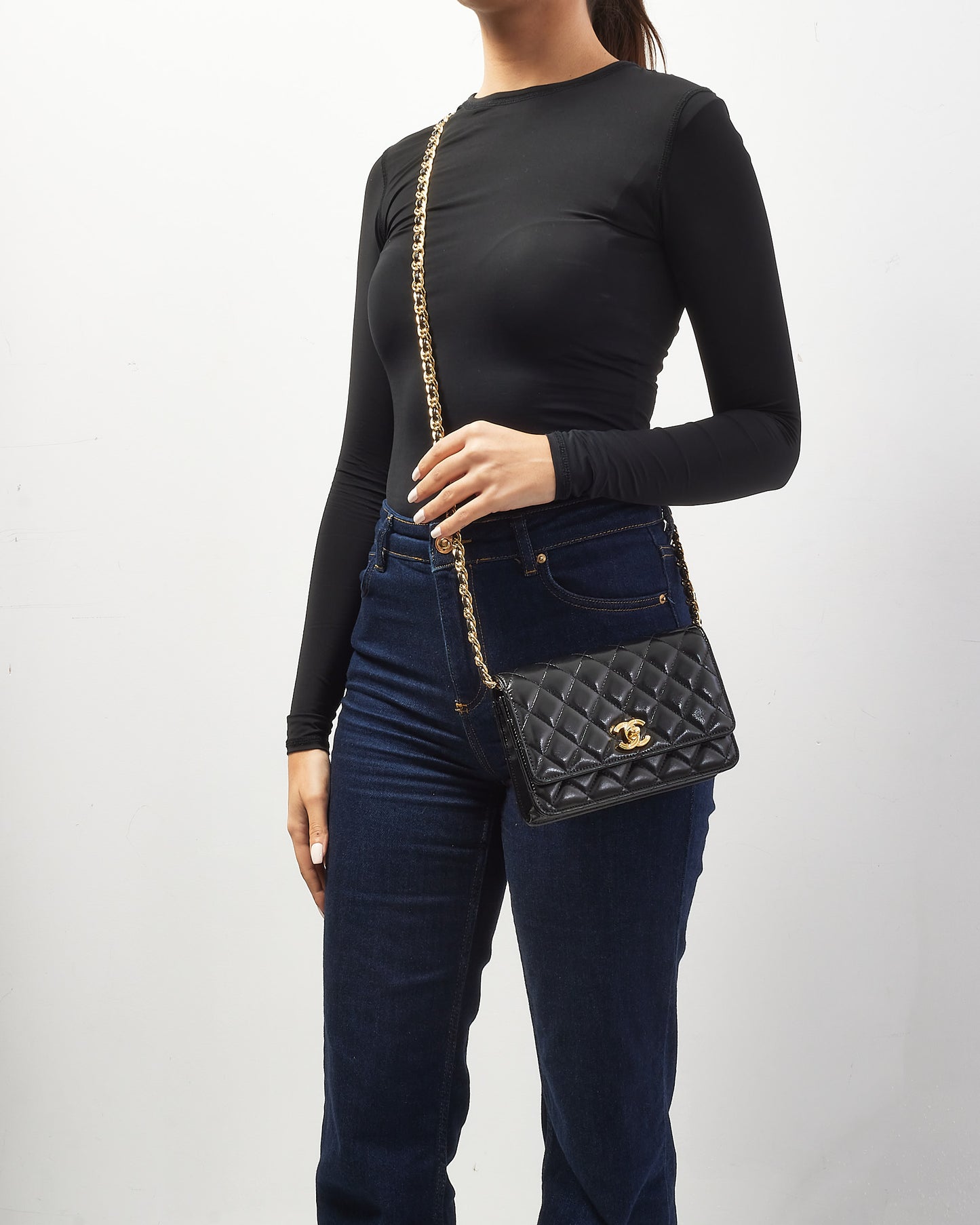 Chanel Black Shiny Lambskin Wallet on Chain Crossbody GHW