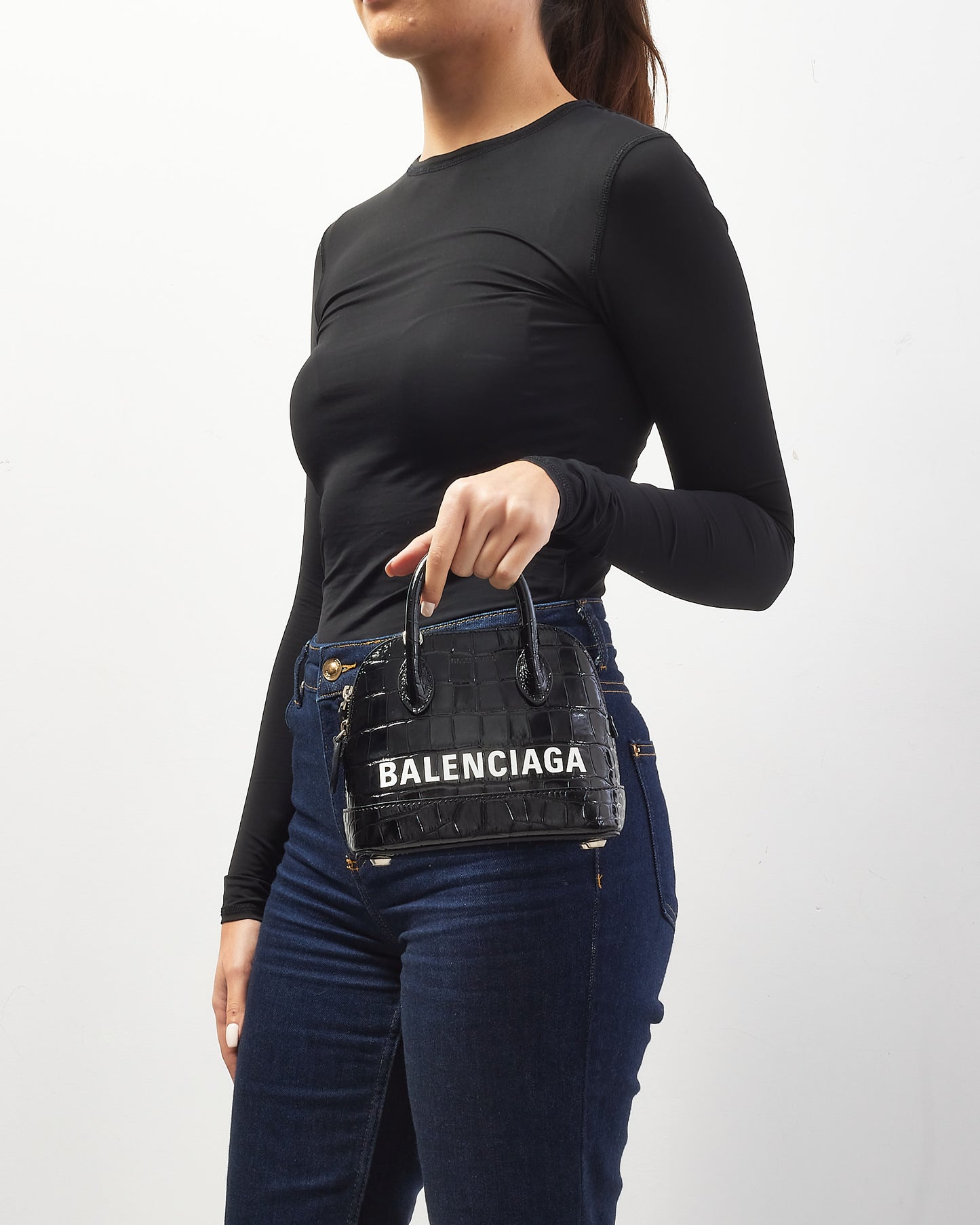 Balenciaga Black Crocodile Embossed Ville Mini Top Handle Bag w/ Strap