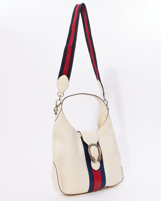 Gucci White Leather Web Dionysus Medium Hobo Bag