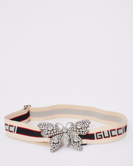 Gucci Beige Web Fabric Elastic Belt with Rhinestone Butterfly - 85/34