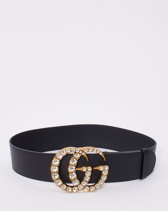 Gucci Black Leather Crystal GG Marmont Wide Belt - 75/30