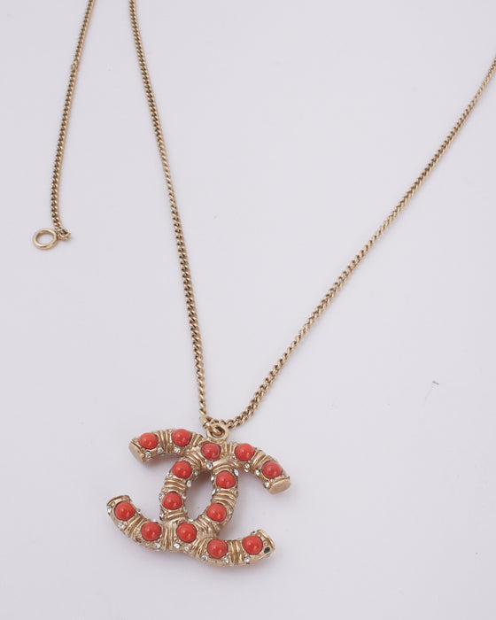 Chanel Gold Tone Metal with Coral Beads CC Logo Necklace