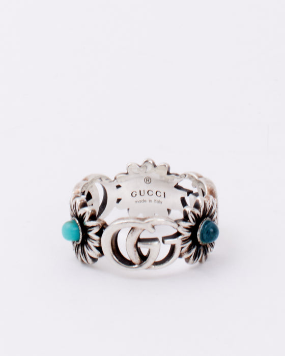 Gucci Silver With Turquoise and Blue Stone Flower GG Ring - 16