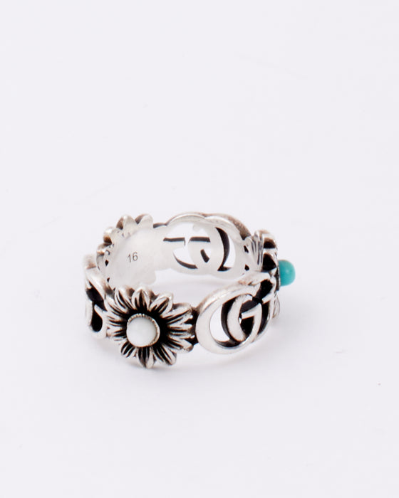 Gucci Silver With Turquoise and Blue Stone Flower GG Ring - 16