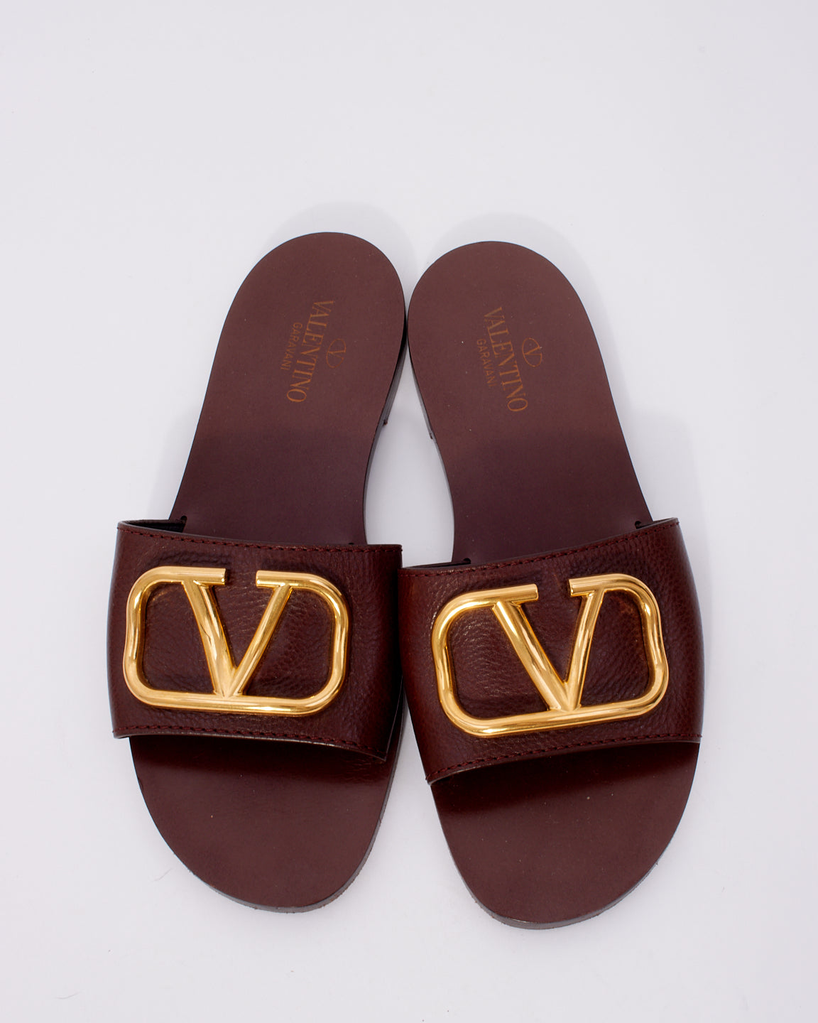 Valentino Brown Leather  V Logo Slide Sandals - 37
