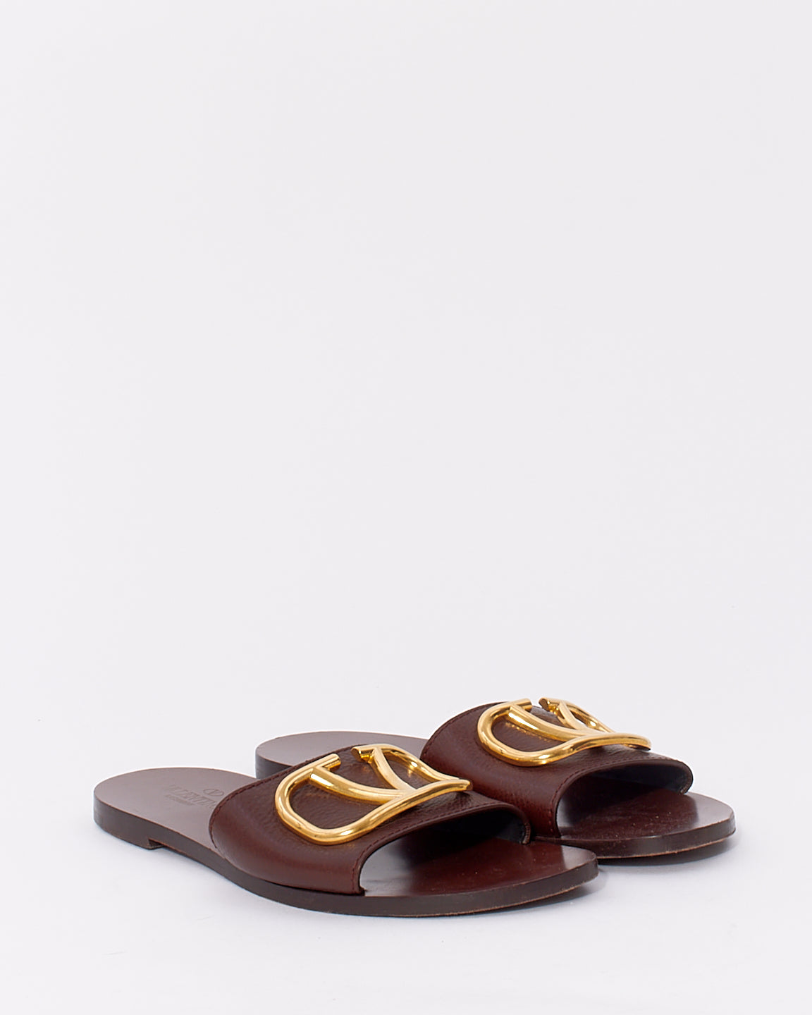 Valentino Brown Leather  V Logo Slide Sandals - 37