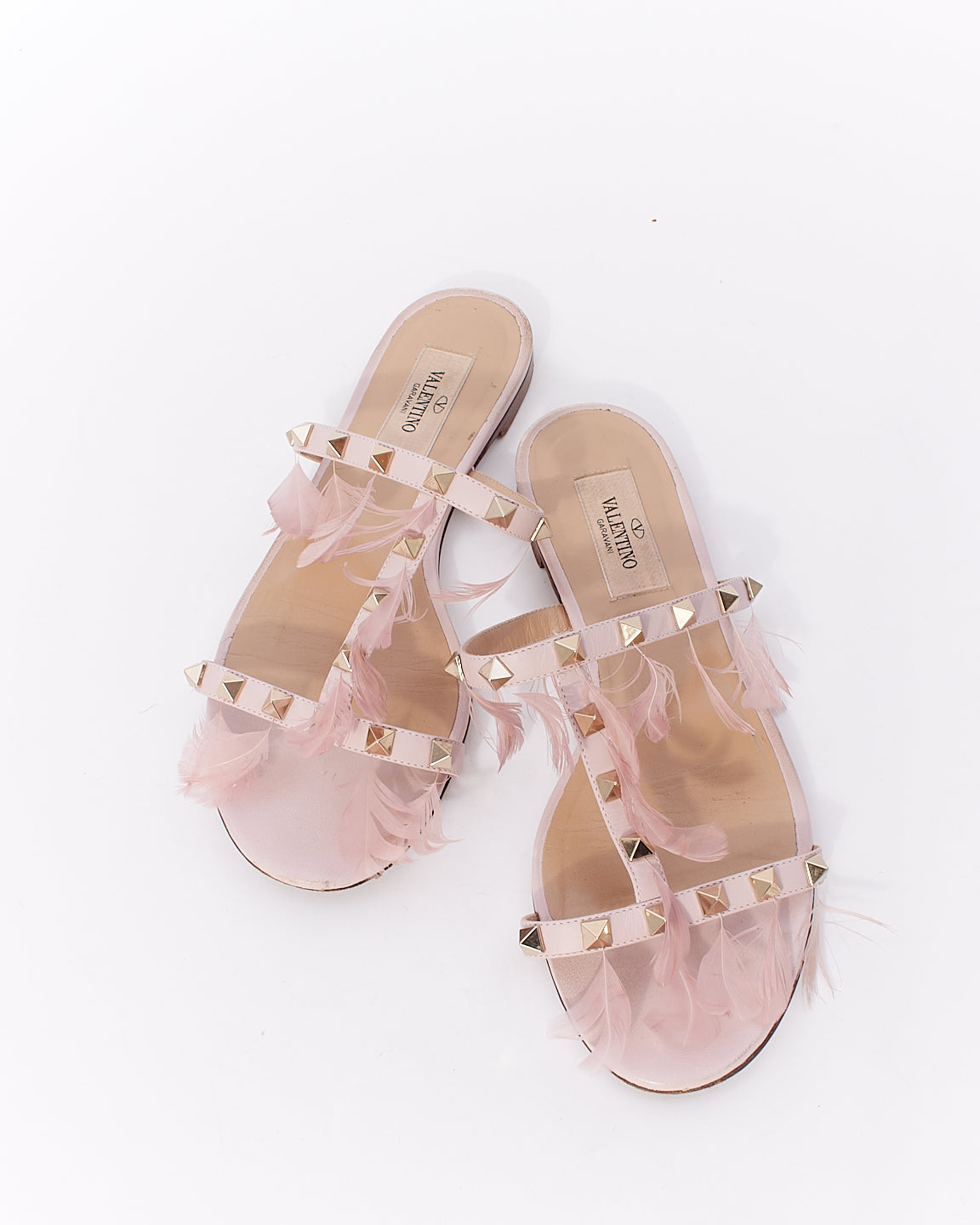 Valentino Pink Rockstud Sandals with Feathers - 37