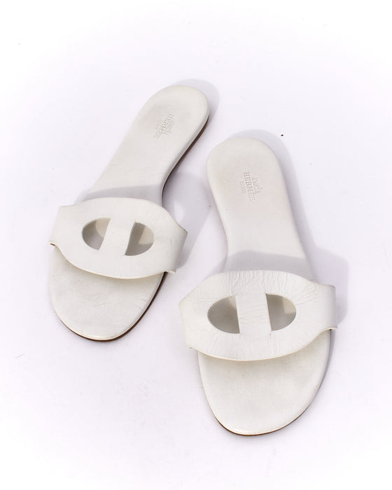 Hermès White Leather Lisboa Sandals -38