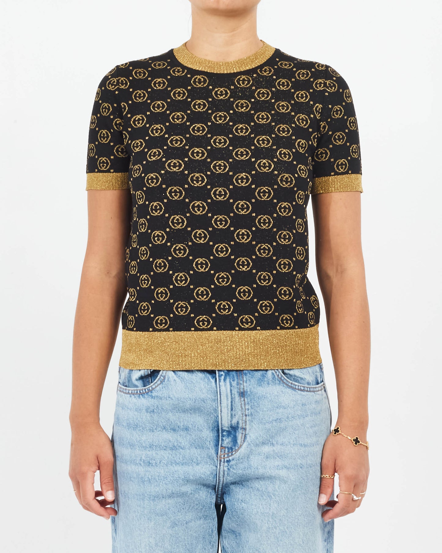 Gucci Black & Gold Sparkle Knit Monogram Sweater Top - XS