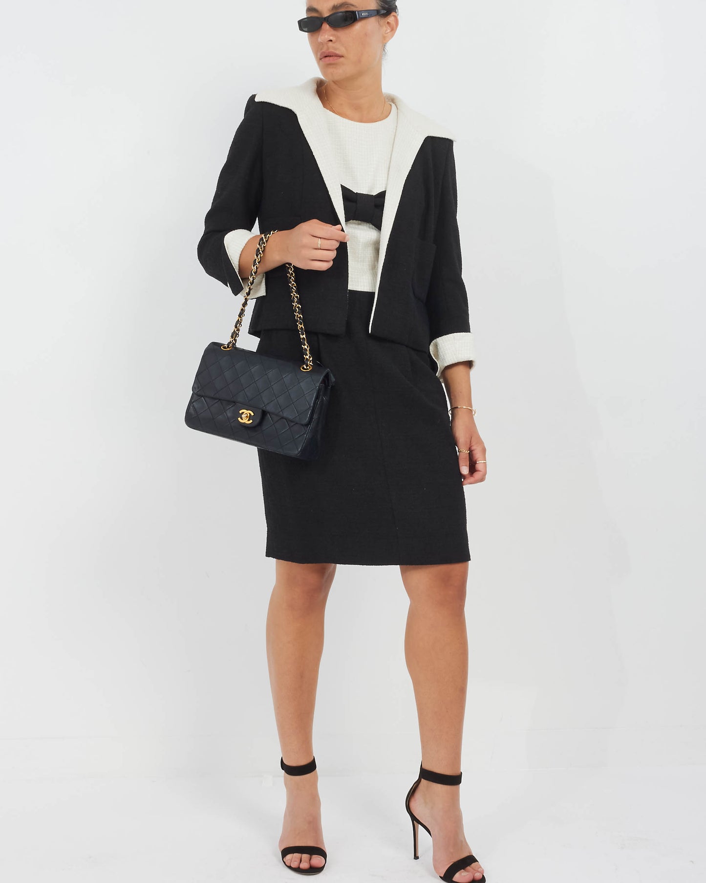 Chanel Black & White Bow Detail Tweed Dress 09P - 40