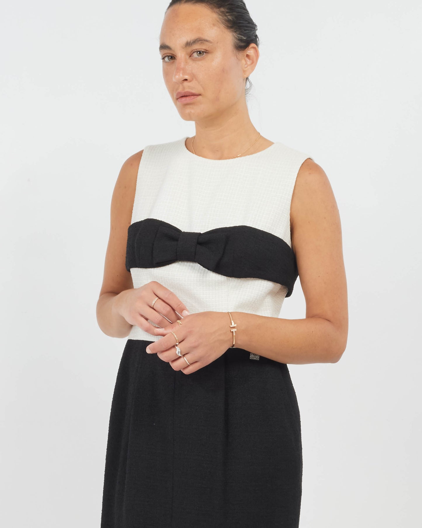Chanel Black & White Bow Detail Tweed Dress 09P - 40