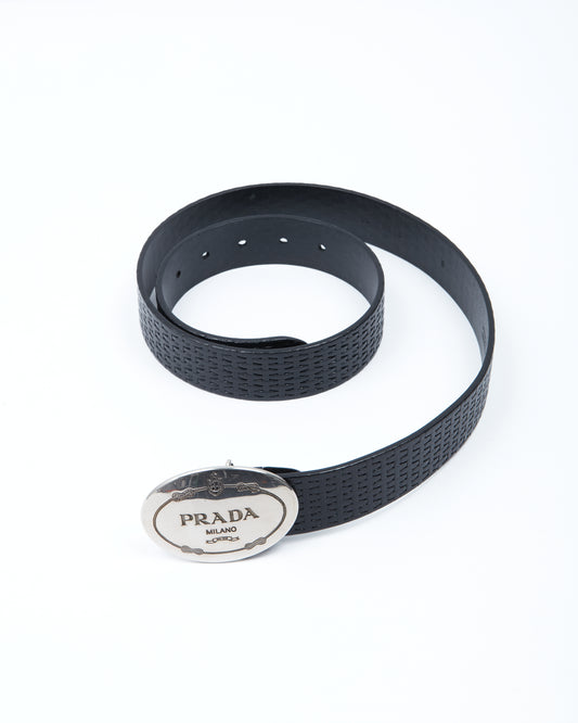 Prada Silver Oval Buckle Logo Black Leather Belt - 36/90