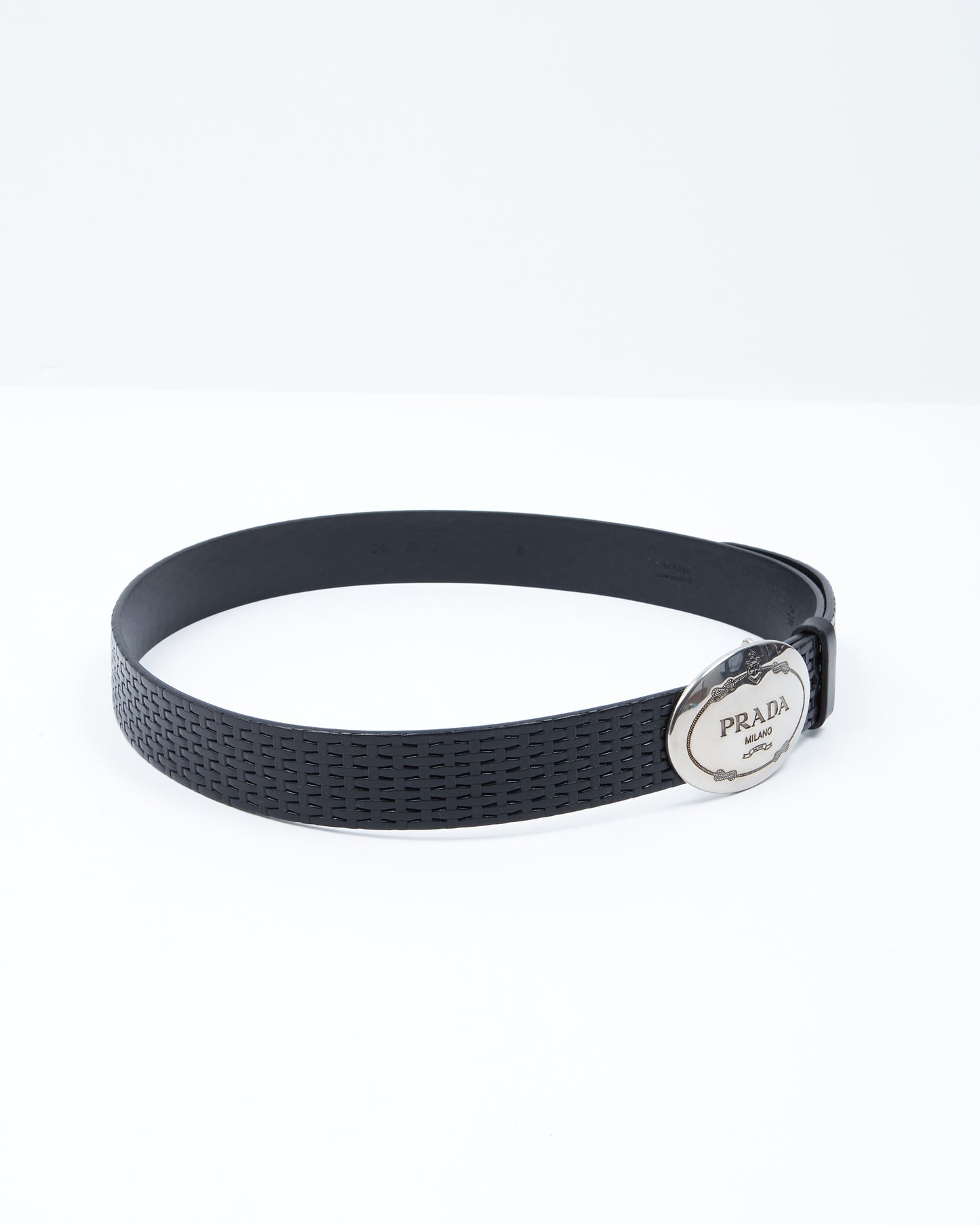 Prada Silver Oval Buckle Logo Black Leather Belt - 36/90