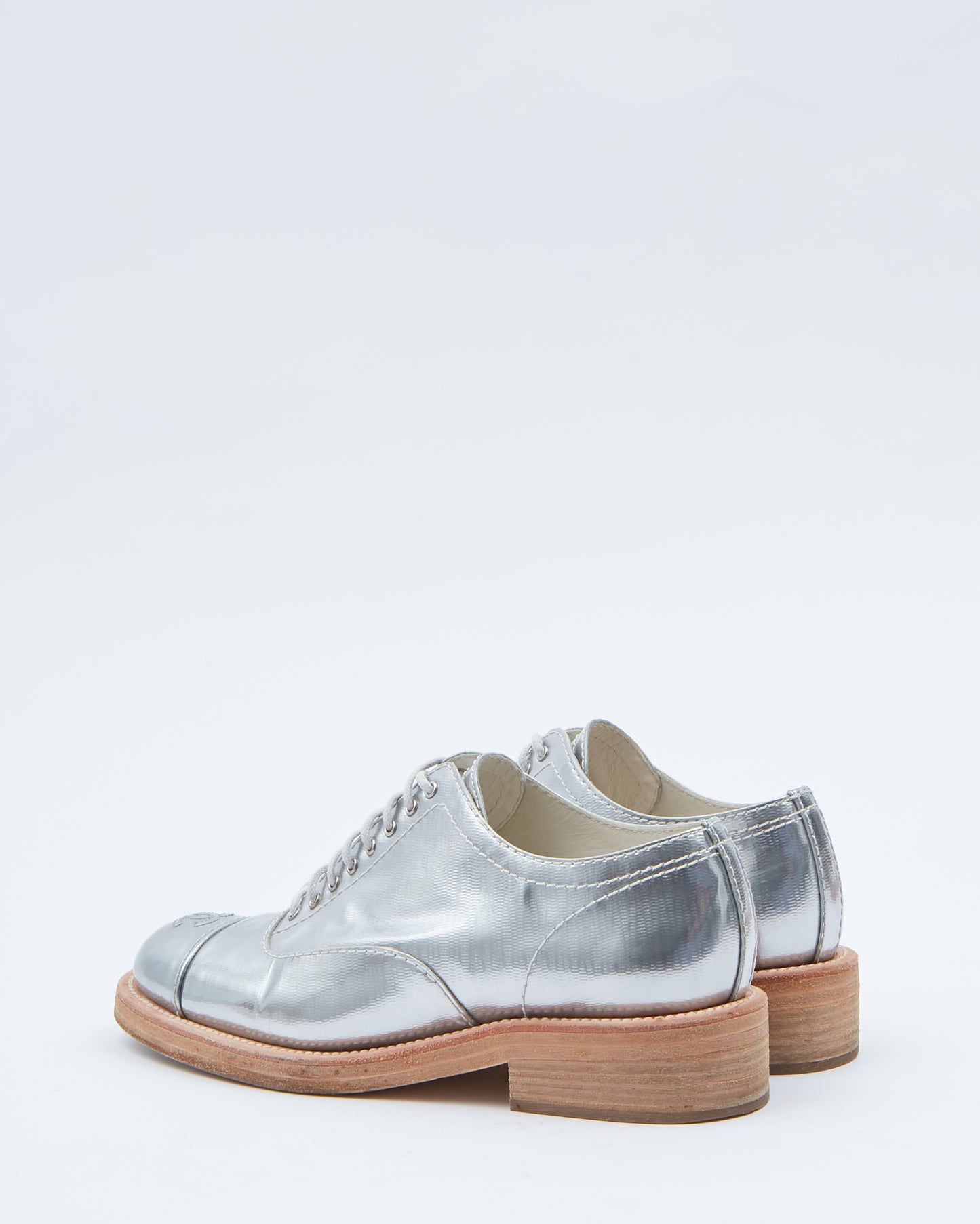 Chanel Silver Interlocking CC Logo Patent Leather Oxfords Shoe - 37.5