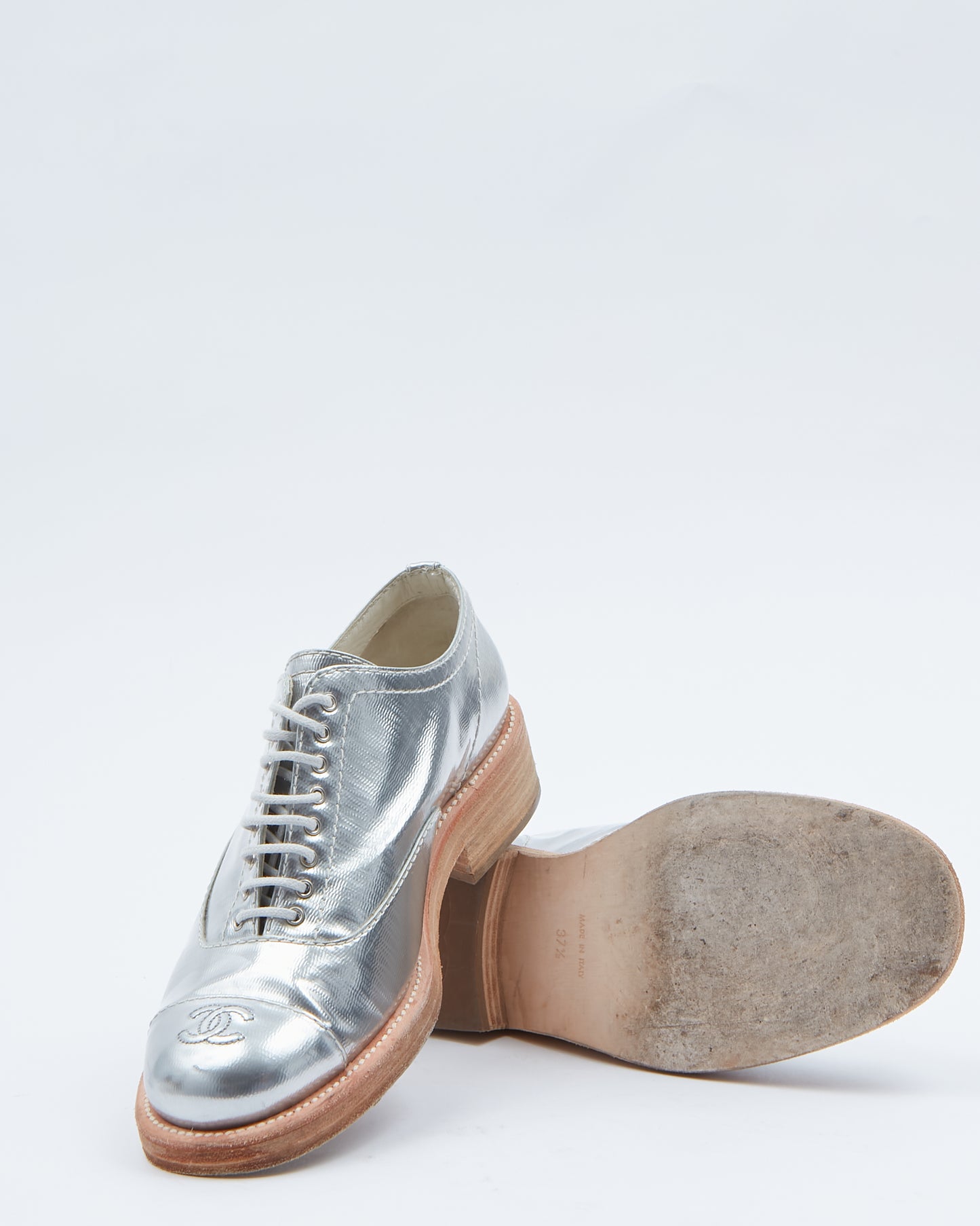 Chanel Silver Interlocking CC Logo Patent Leather Oxfords Shoe - 37.5