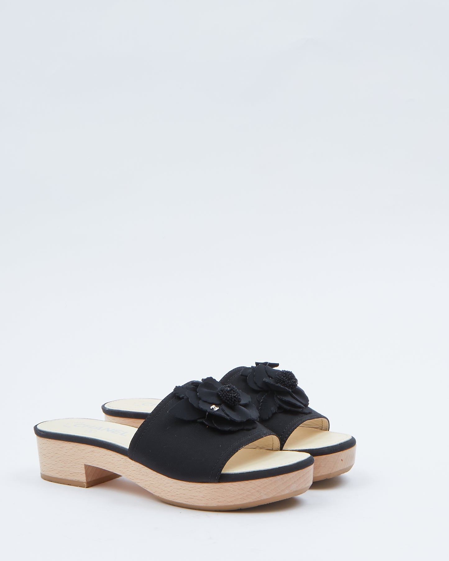 Chanel Black Fabric & Wooden Platform Slides - 37