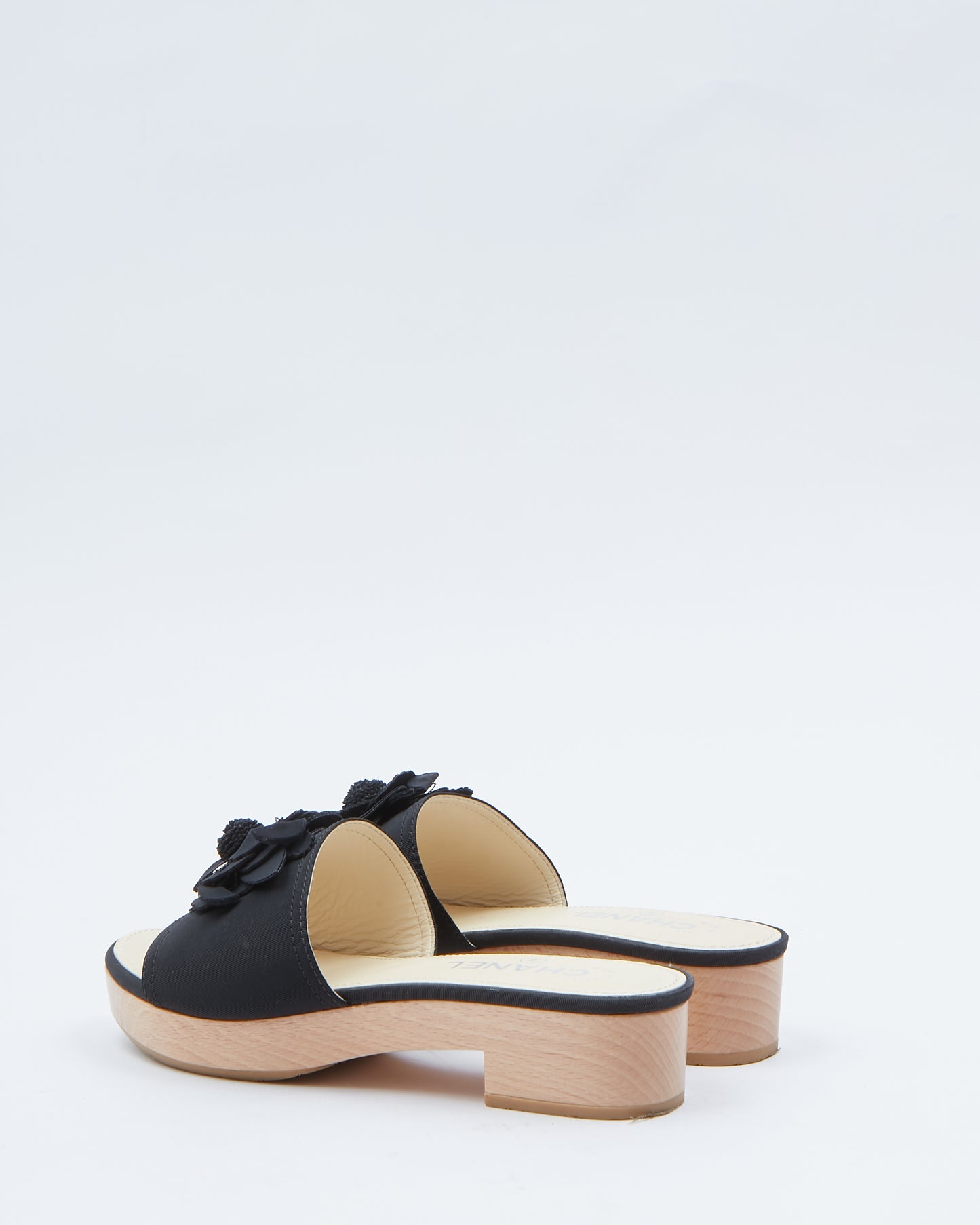 Chanel Black Fabric & Wooden Platform Slides - 37