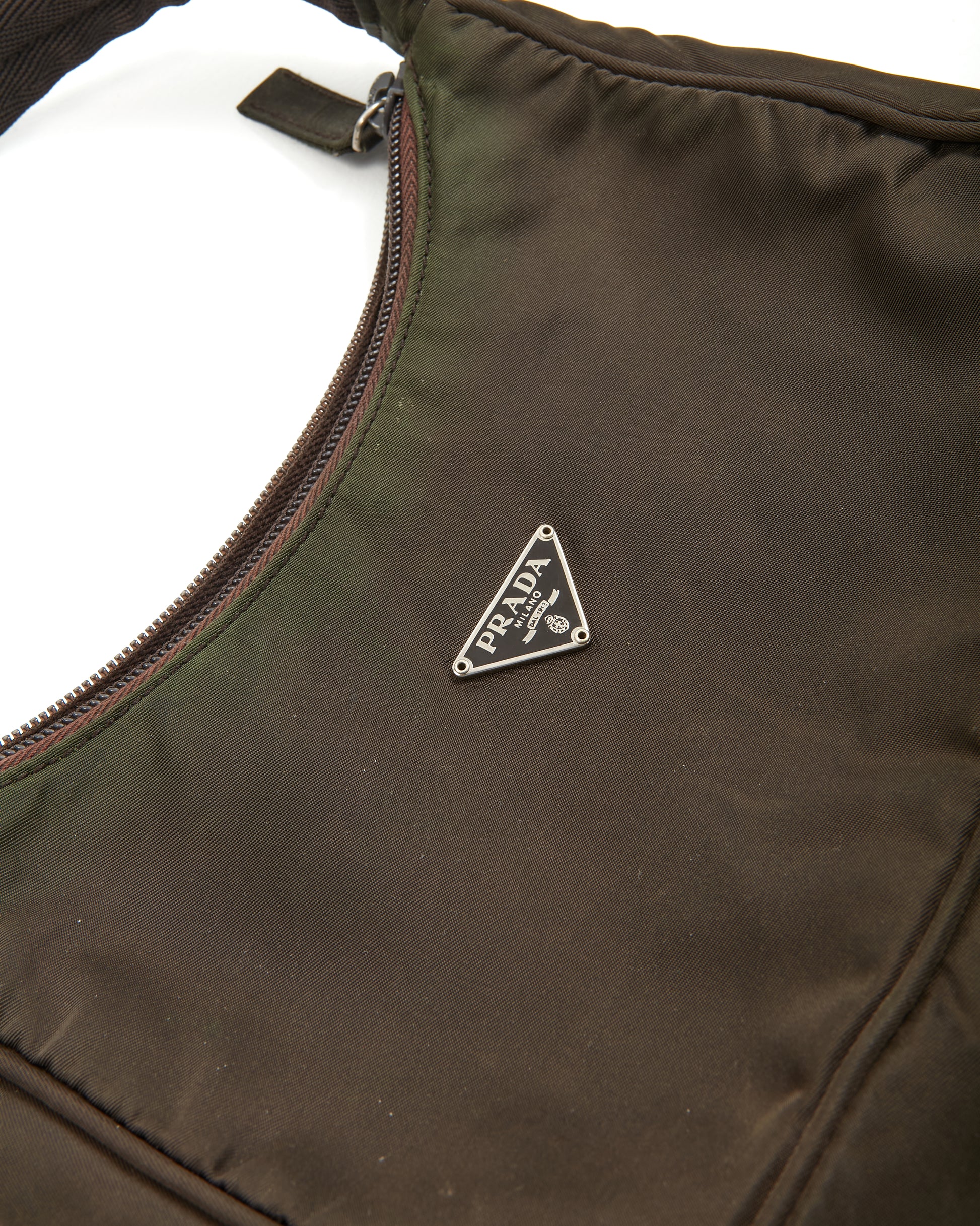 Explore a Prada Khaki Nylon Tessuto Mini Hobo Shoulder Bag