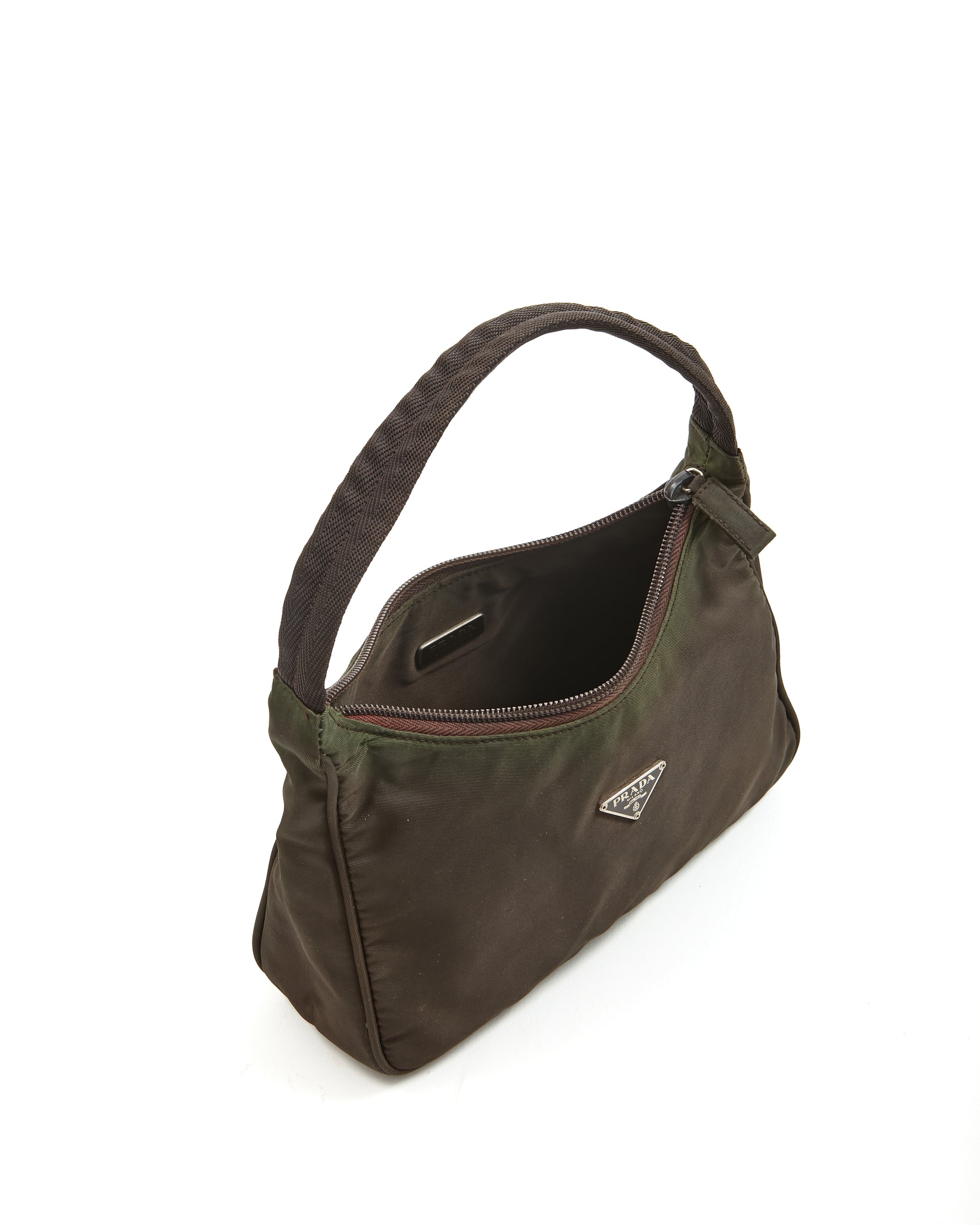 Explore a Prada Khaki Nylon Tessuto Mini Hobo Shoulder Bag
