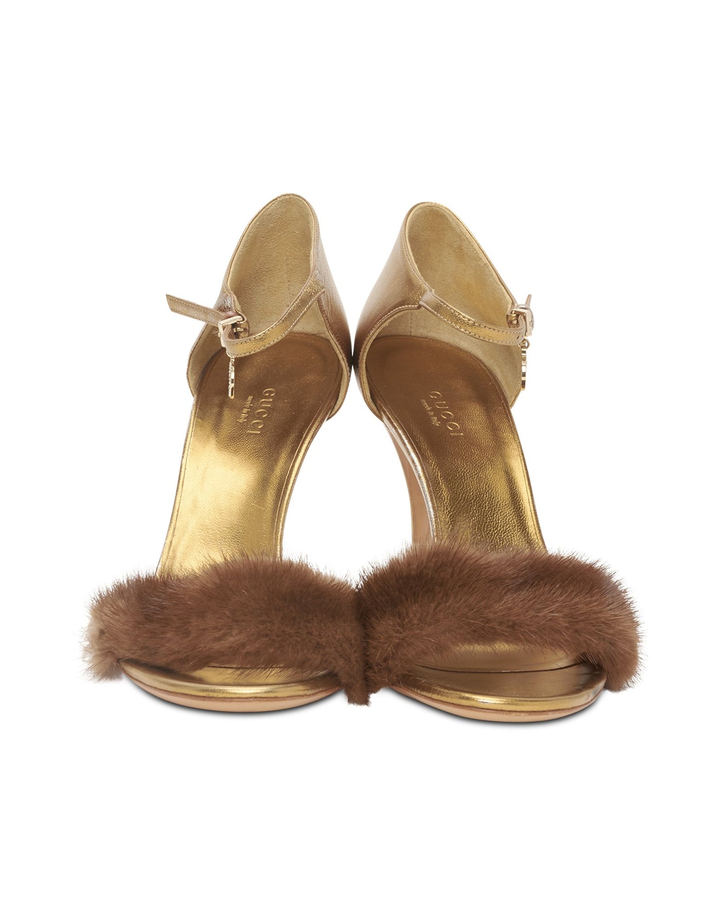 Gucci Gold "Tom Ford Era" Brown Fur Open Toe Heeled Sandals - 8.5B