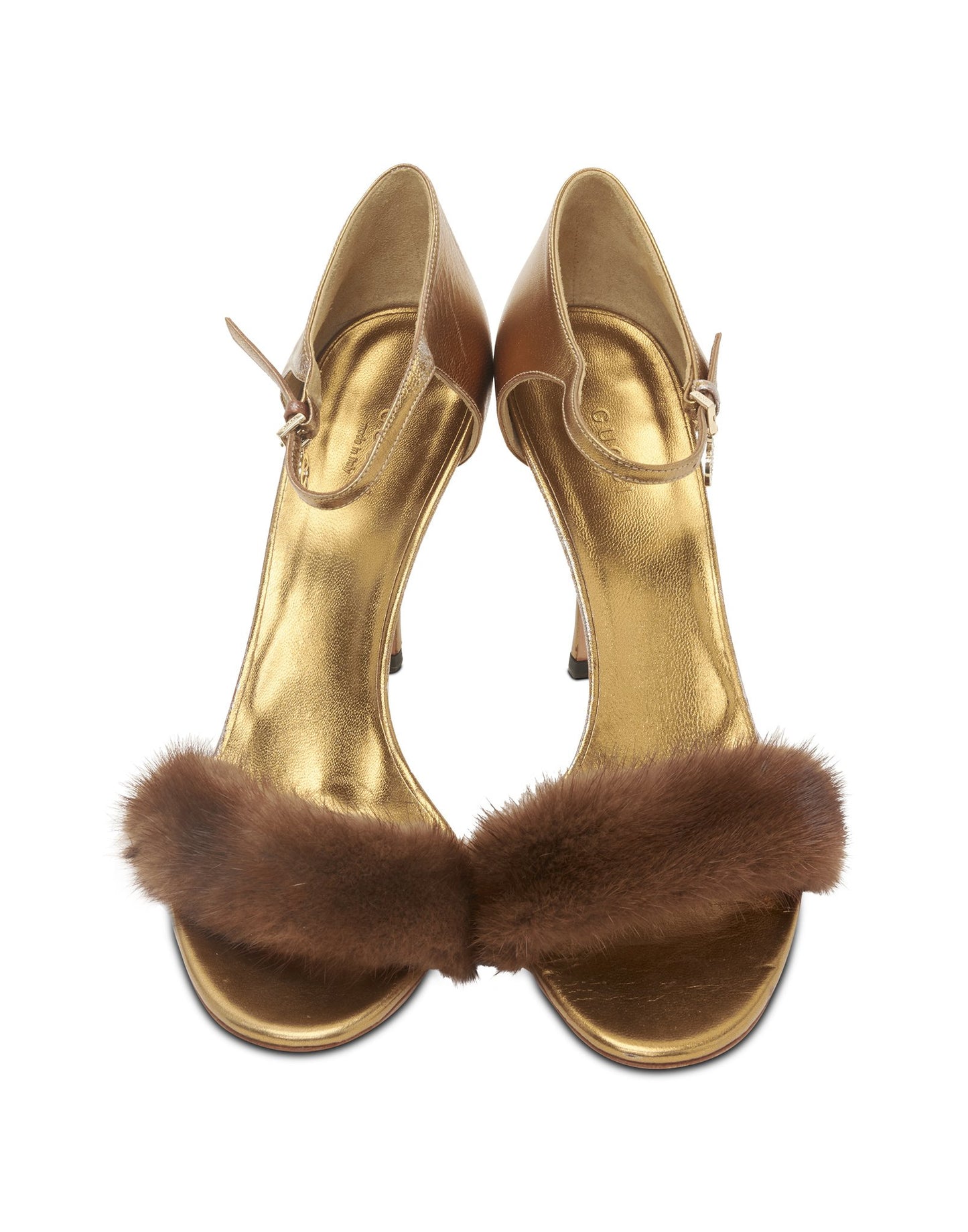 Gucci Gold "Tom Ford Era" Brown Fur Open Toe Heeled Sandals - 8.5B