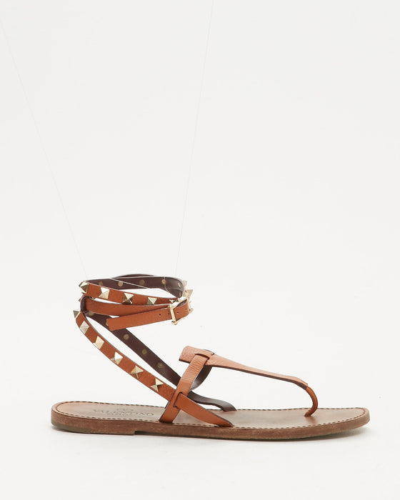 Valentino Tan Grained Leather Wrap Rockstud Sandals- 38