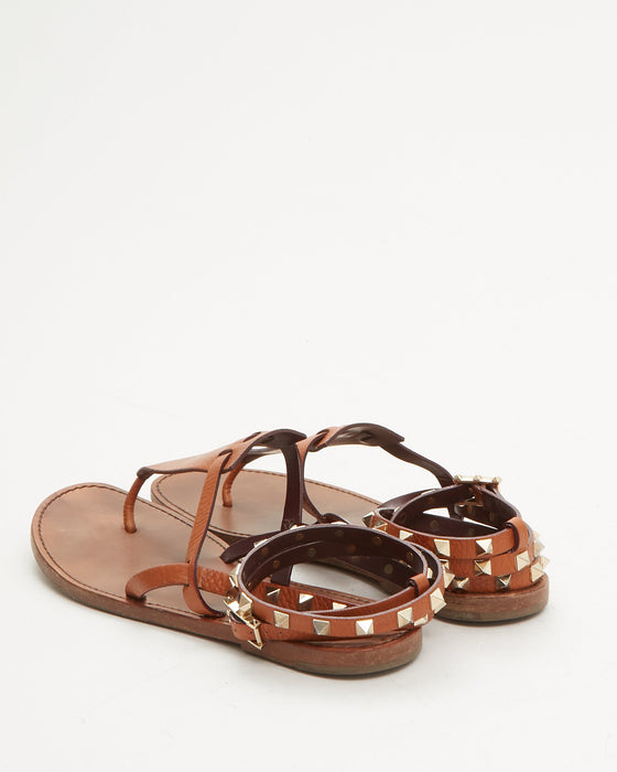 Valentino Tan Grained Leather Wrap Rockstud Sandals- 38