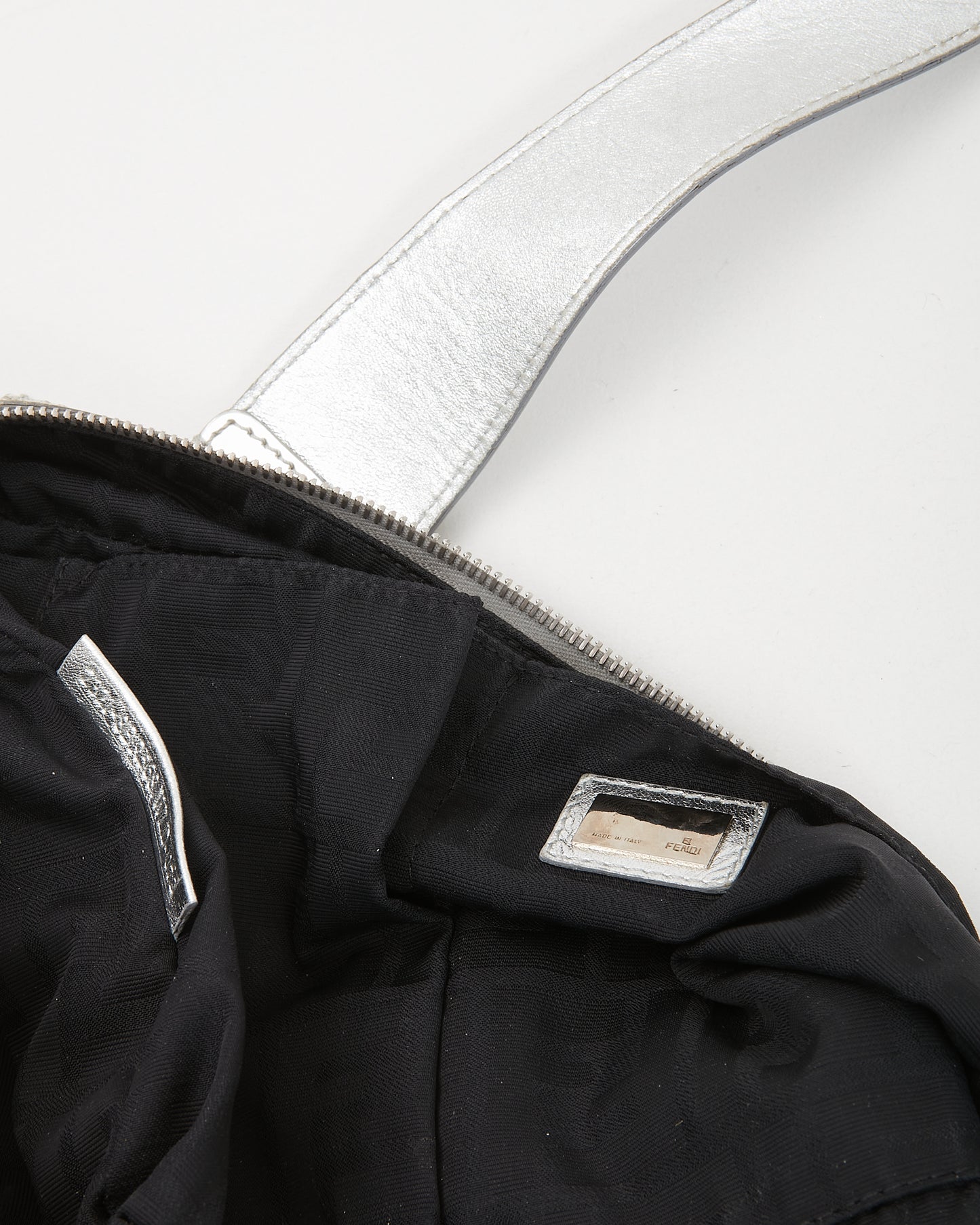 Fendi Silver Metallic Leather Crossword Tote Zipper Bag