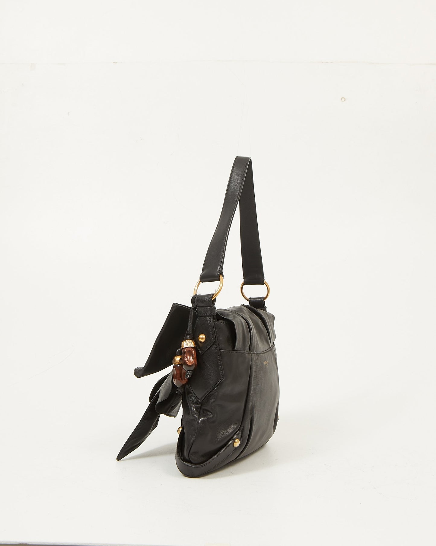 Saint Laurent Black Leather Vintage Flower Detail Crossbody Bag