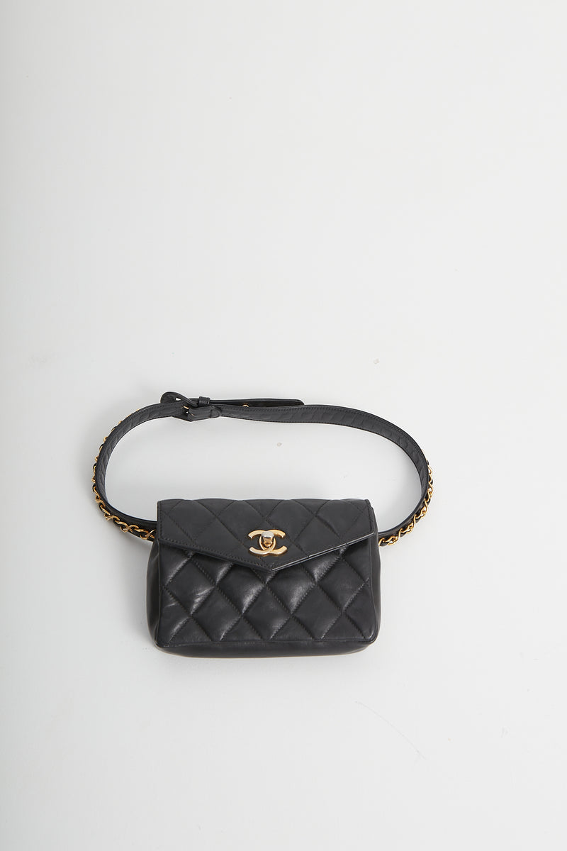 CHANEL Lambskin Quilted Banane Waist Bag Fanny Pack Black