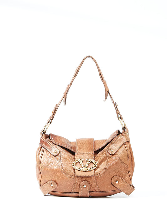Valentino Brown Vintage Leather Logo Shoulder Bag
