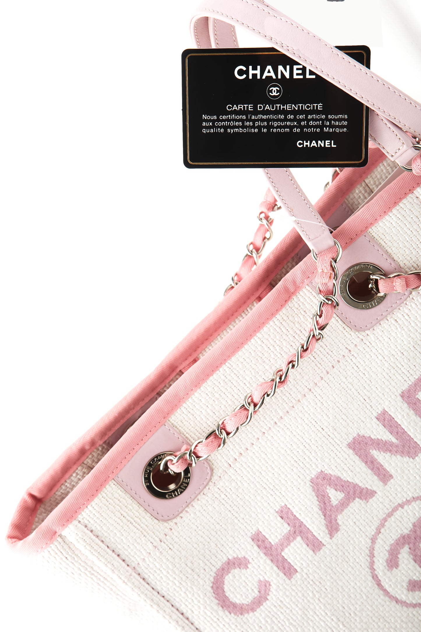 Petit sac fourre-tout Deauville en toile crème et rose Chanel