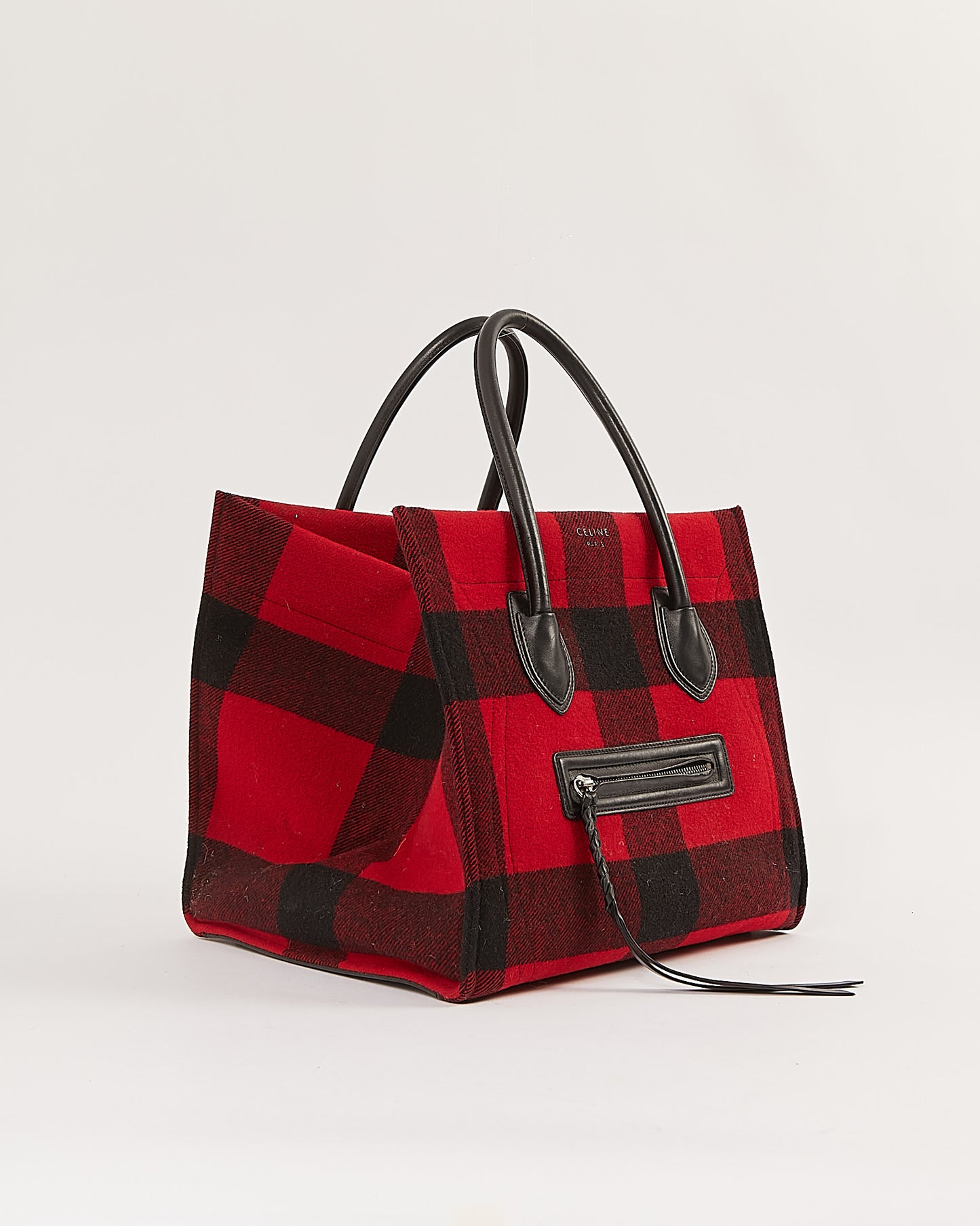 Celine Black/Red Checkered Felt Medium Luggage Phantom Tote Bag