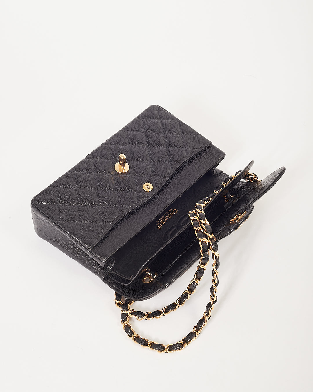 Chanel Black Caviar Quilted 24K Gold Plated Small Classic Double Flap Bag