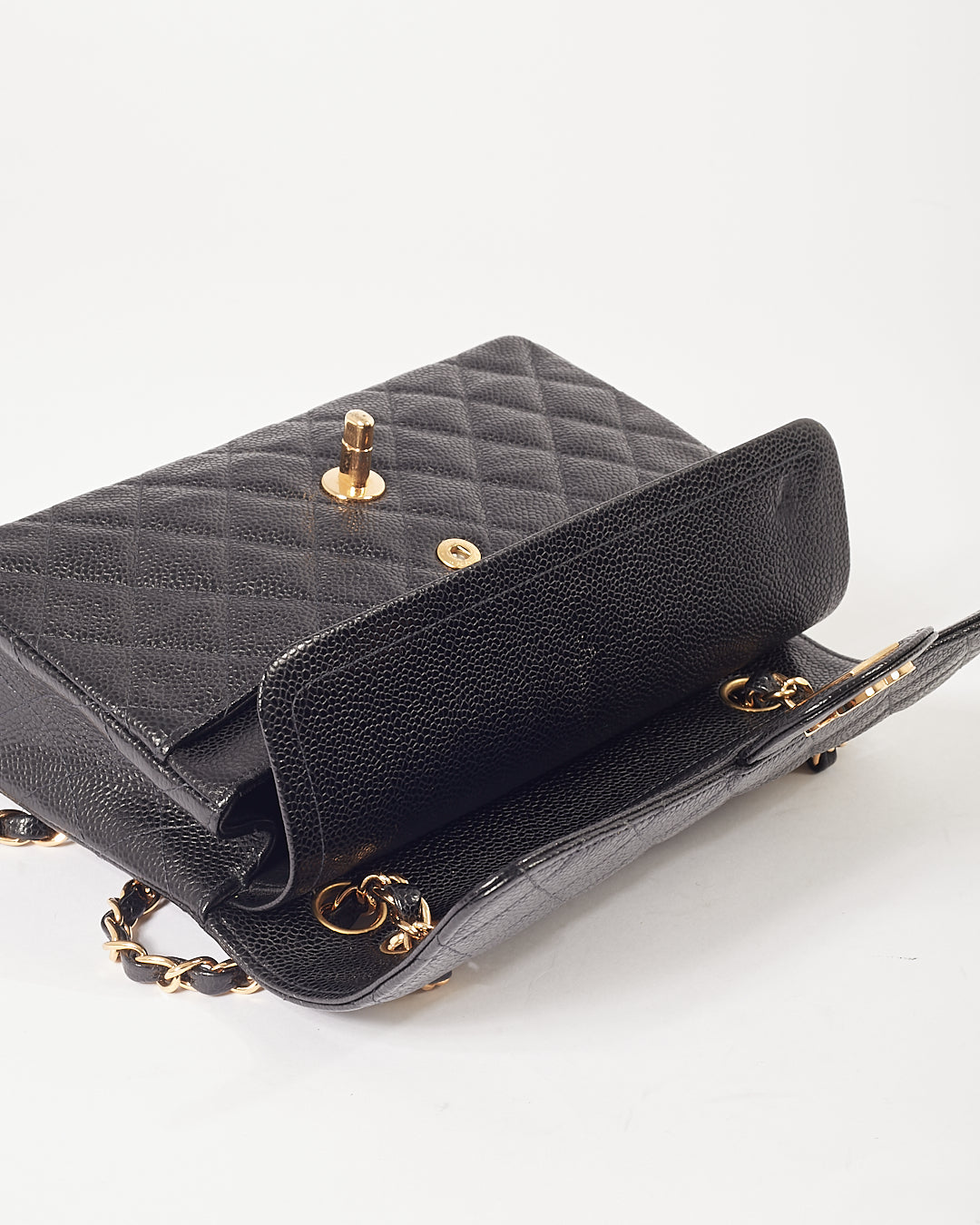 Chanel Black Caviar Quilted 24K Gold Plated Small Classic Double Flap Bag