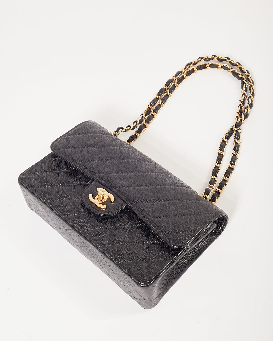 Chanel Black Caviar Quilted 24K Gold Plated Small Classic Double Flap Bag