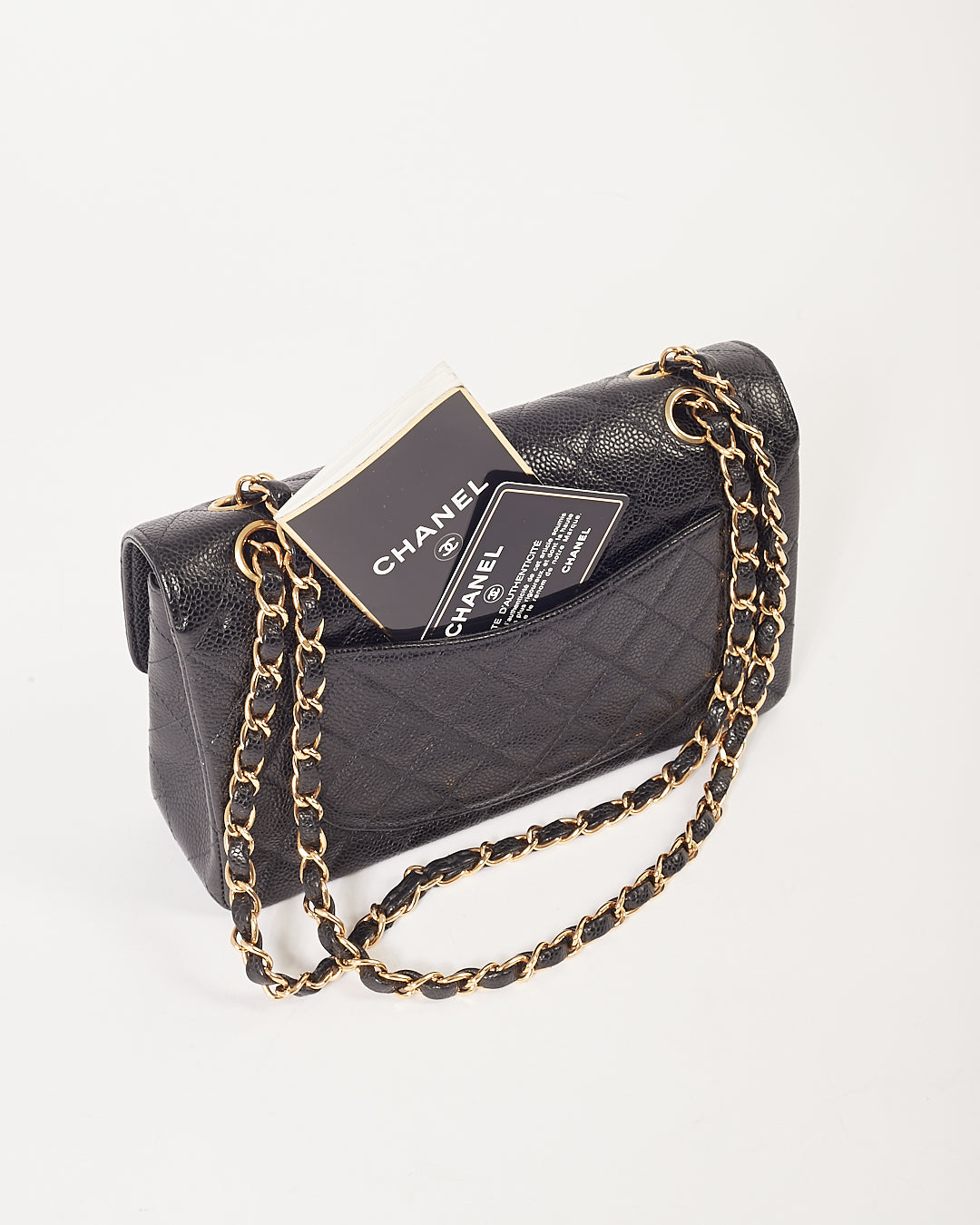 Chanel Black Caviar matelassé plaqué or 24 carats petit sac classique à double rabat