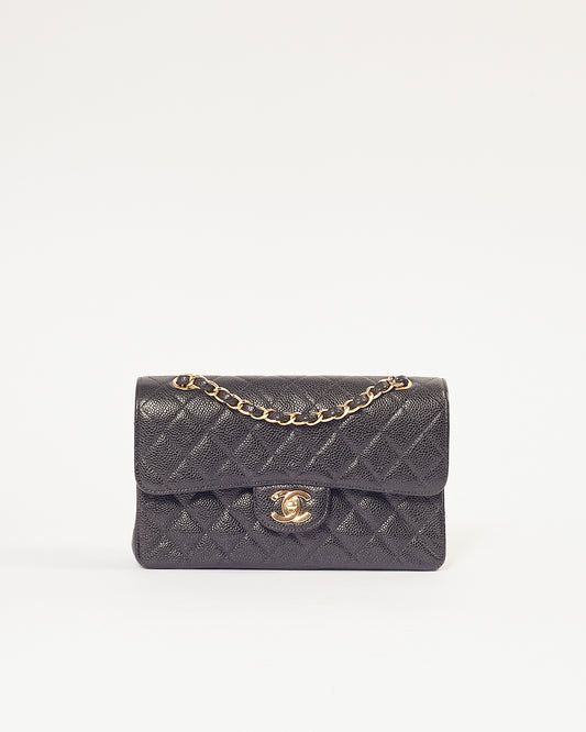 Chanel Black Caviar Quilted 24K Gold Plated Small Classic Double Flap Bag
