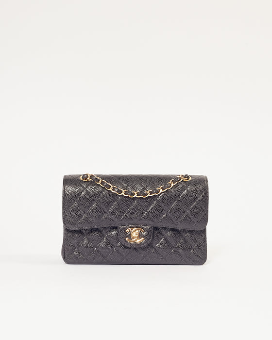 Chanel Black Caviar Quilted 24K Gold Plated Small Classic Double