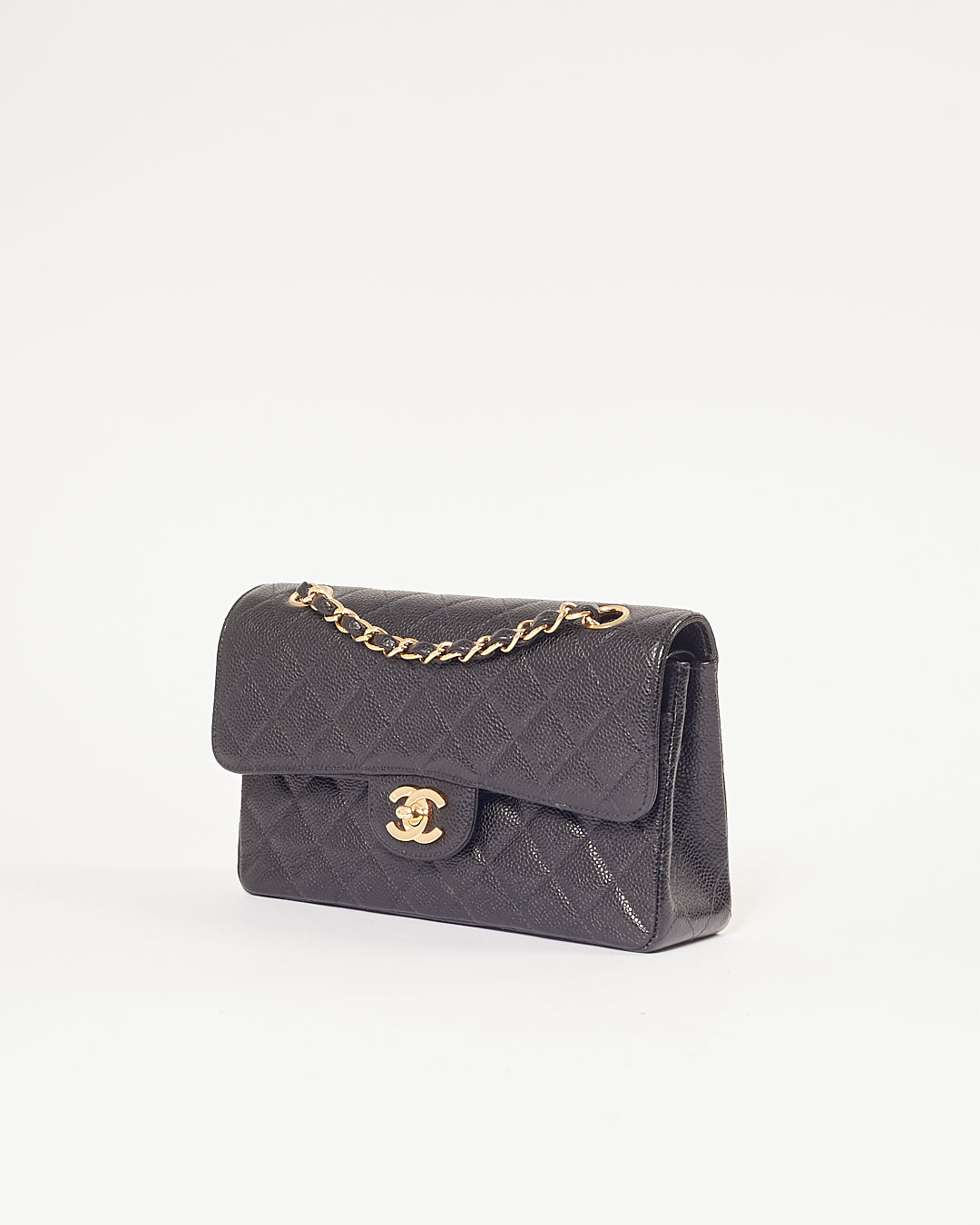 Chanel Black Caviar Quilted 24K Gold Plated Small Classic Double Flap Bag