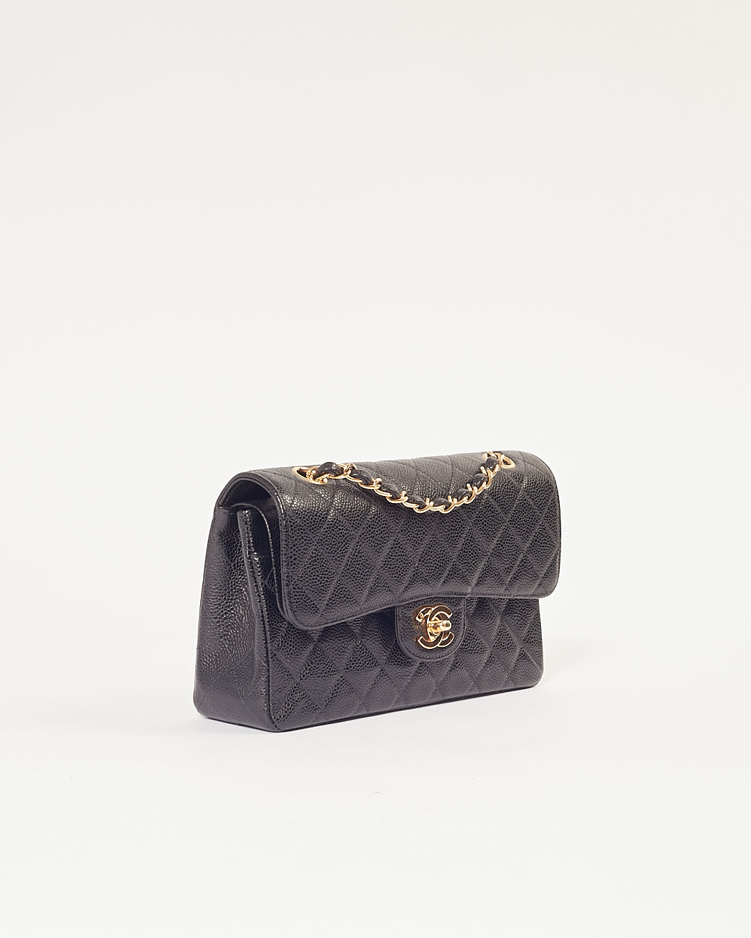 Chanel Black Caviar Quilted 24K Gold Plated Small Classic Double Flap Bag