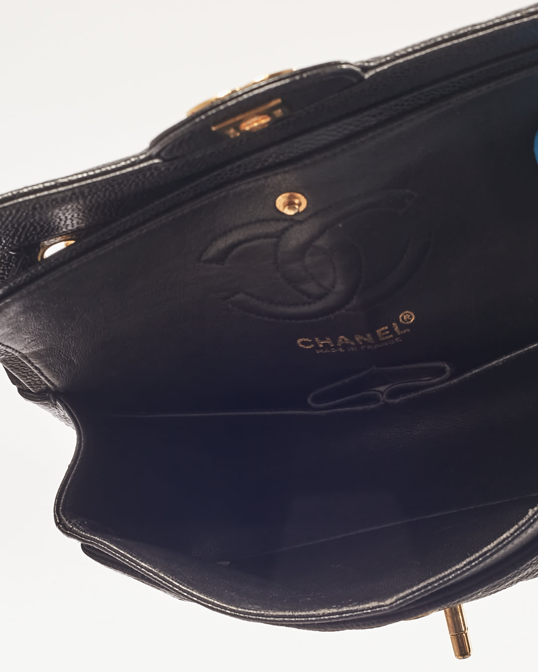 Chanel Black Caviar Quilted 24K Gold Plated Small Classic Double Flap Bag