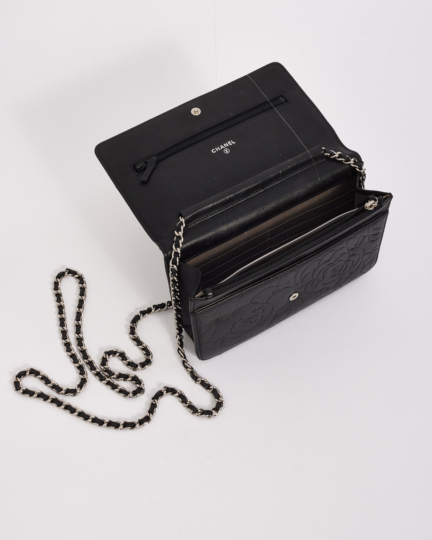 Chanel Black Lambskin Leather Camellia Embossed Wallet on Chain
