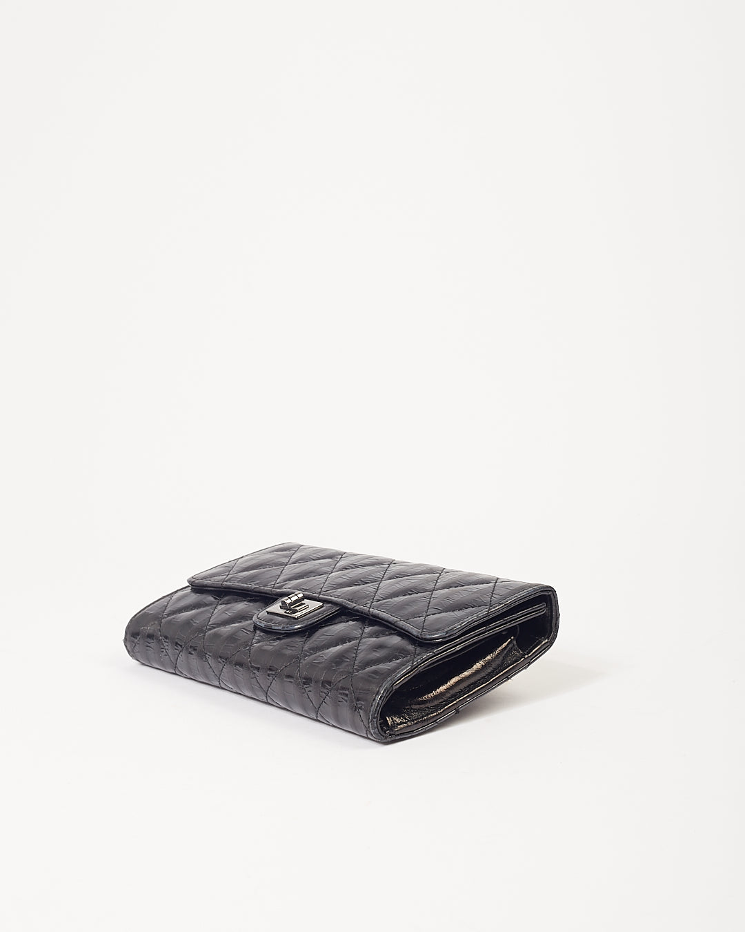 Chanel Black Striped Glazed Calfskin Reissue Long Flap Wallet