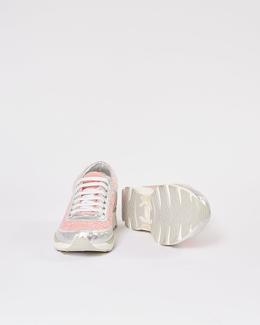 Chanel Pink Tweed Metallic Sneakers - 36.5