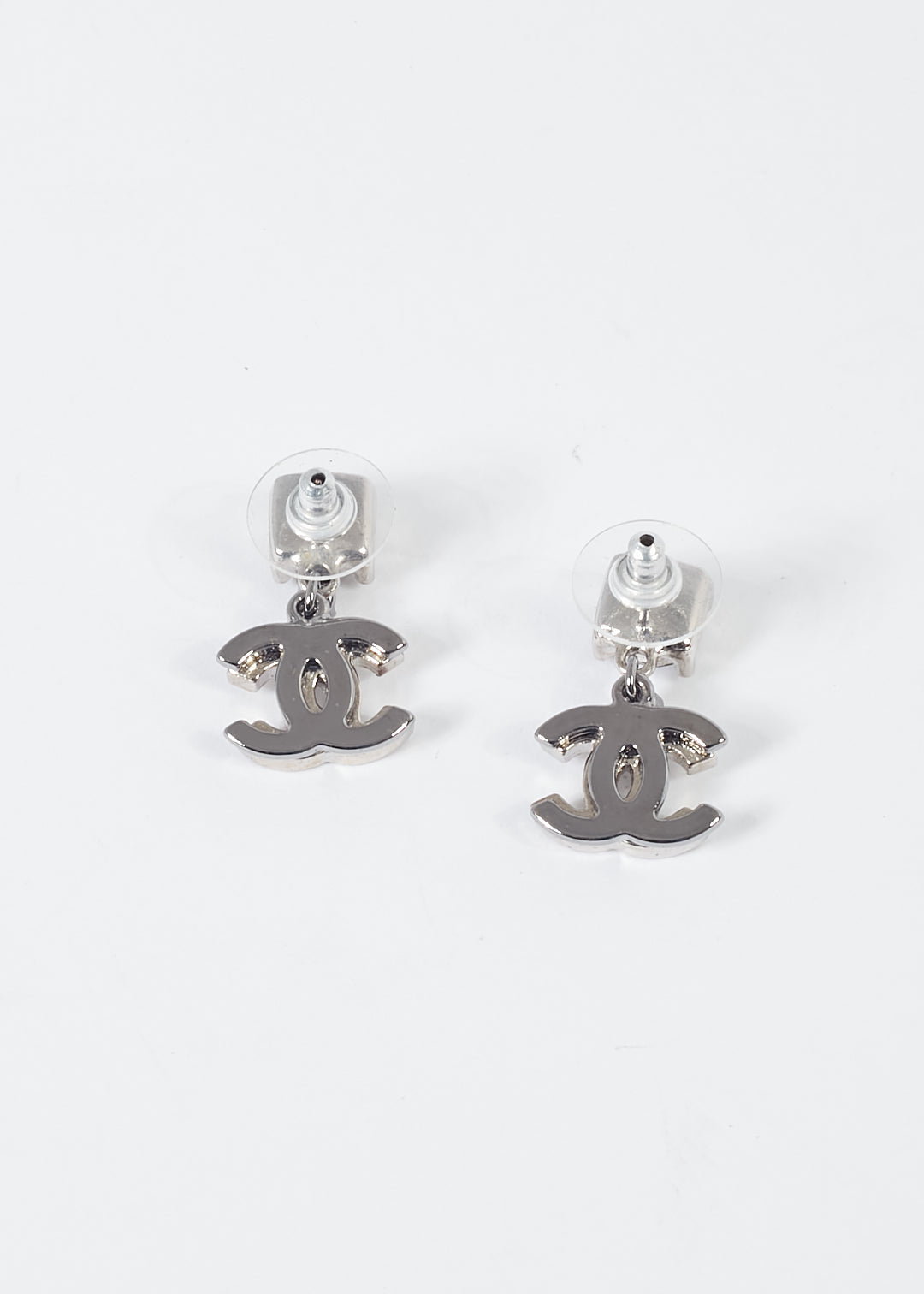 Chanel Silver Tone Double Interlocking CC Logo Pendant Crystal Earrings