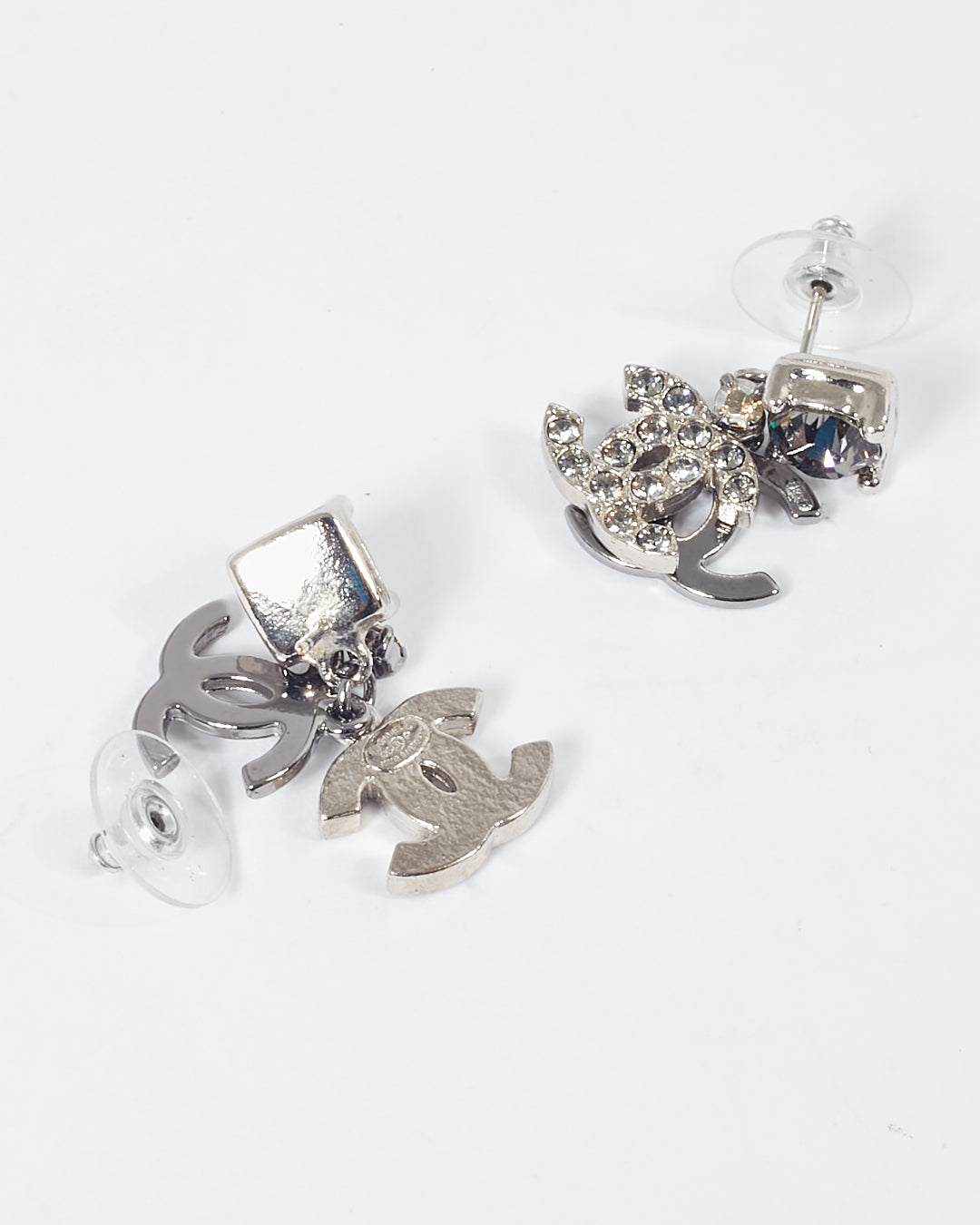 Chanel Silver Tone Double Interlocking CC Logo Pendant Crystal Earrings