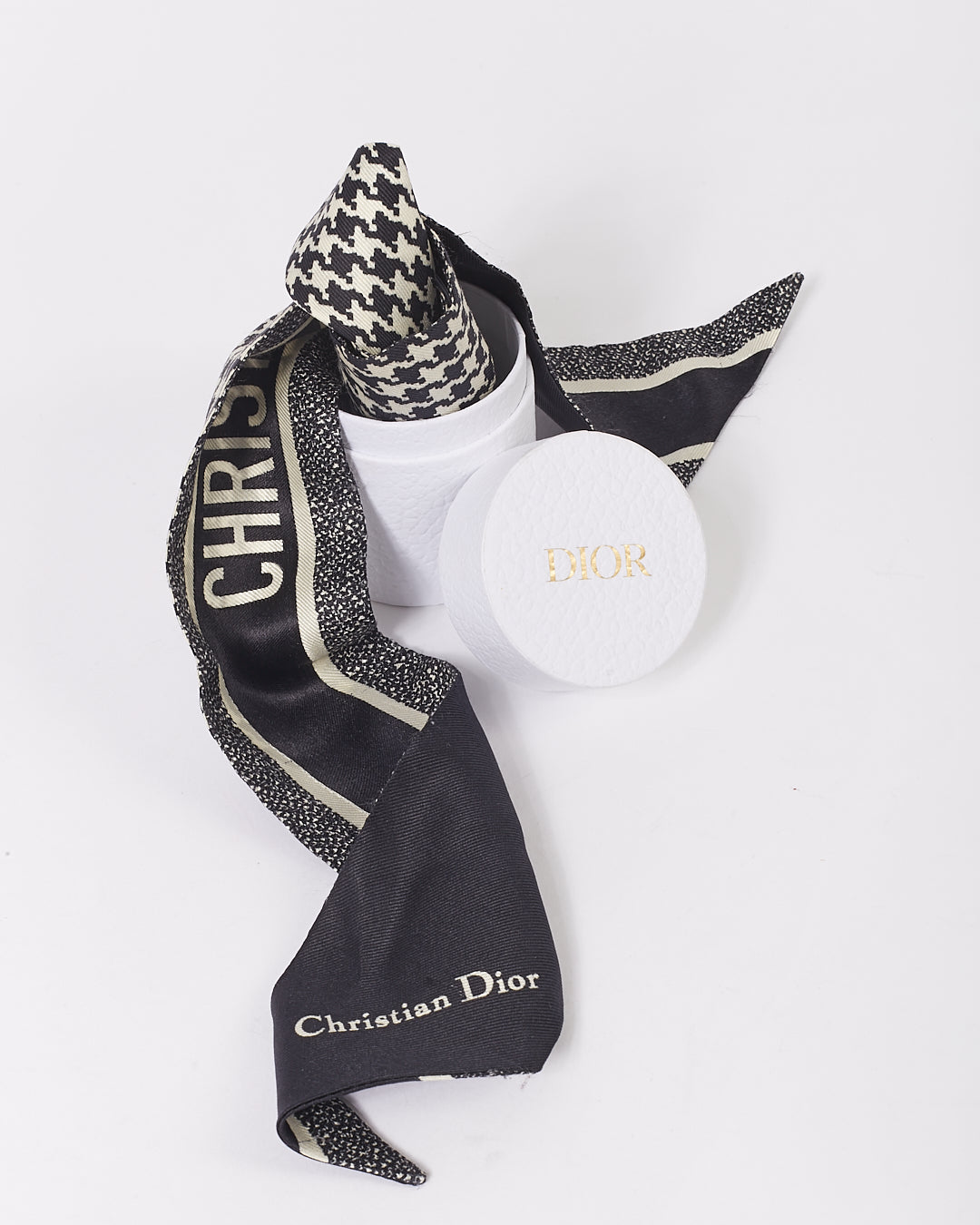 Dior Black Houndstooth & Logo Twilly Silk Scarf