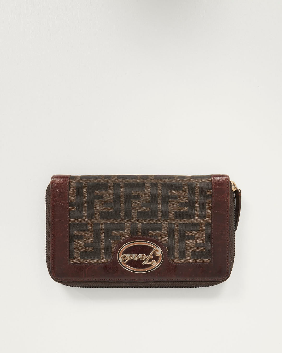 Fendi Brown Zucca Coated Canvas Gold Logo Emblem Zippy Wallet