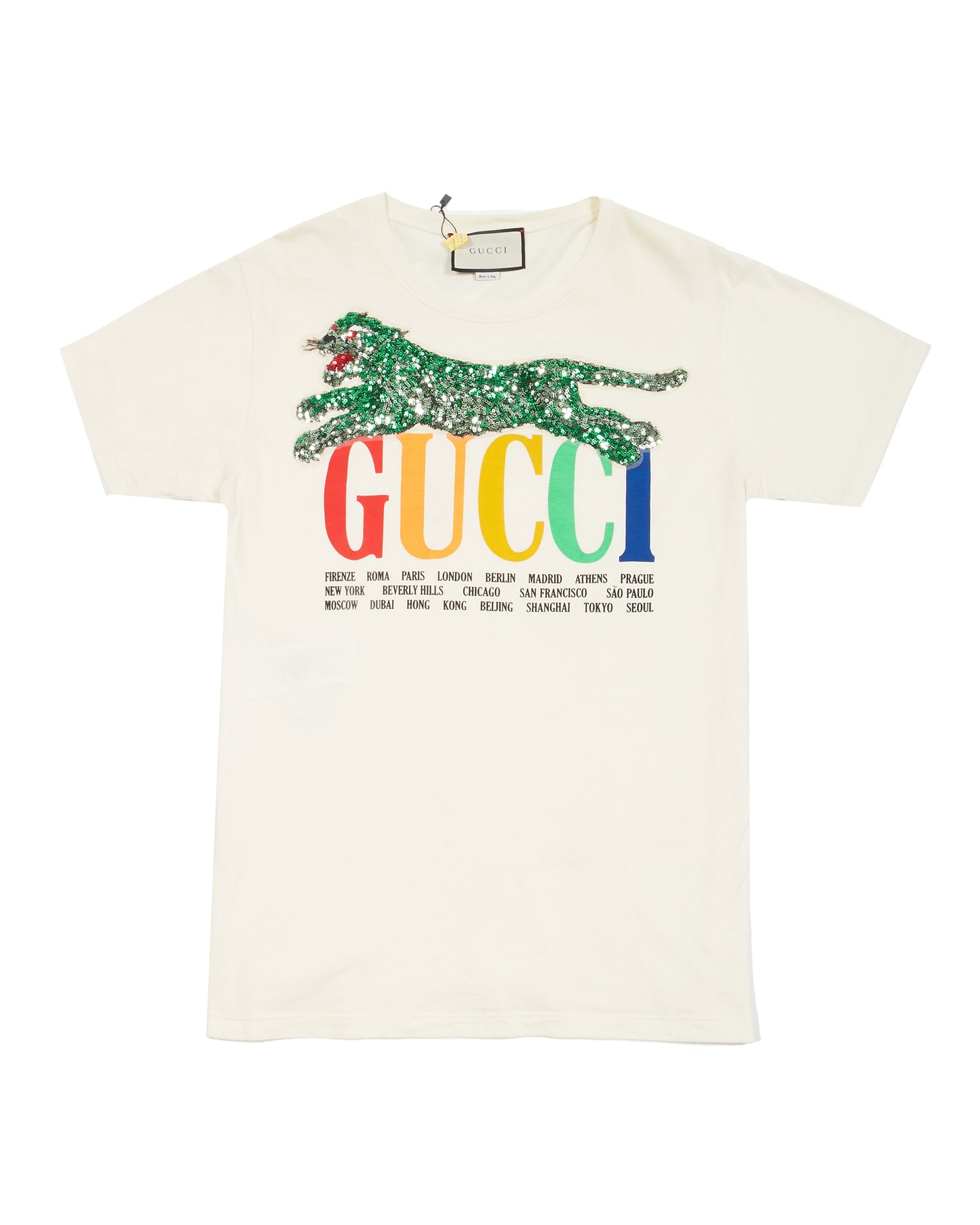 Gucci T-shirt Panthère en coton crème avec logo à sequins - M